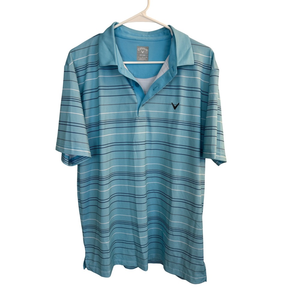 Callaway Polo Shirt Mens Large Blue Opti-Dri Striped Short Sleeve Golf Athletic